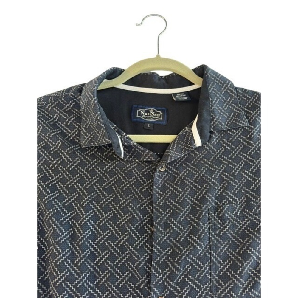 Nat Nast Luxury Originals Mens L Navy Silk Geometric Camp Shirt Short Sleeve